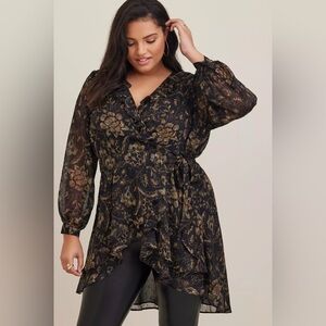 Torrid Chiffon Layered Tie Front Surplice Floral Tunic Blouse Size 5X